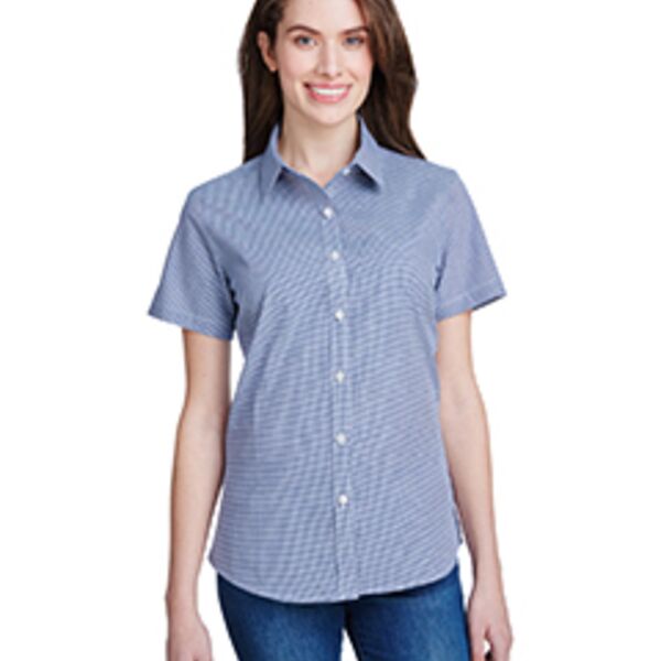 Ladies' Microcheck Gingham Short-Sleeve Cotton Shirt Thumbnail